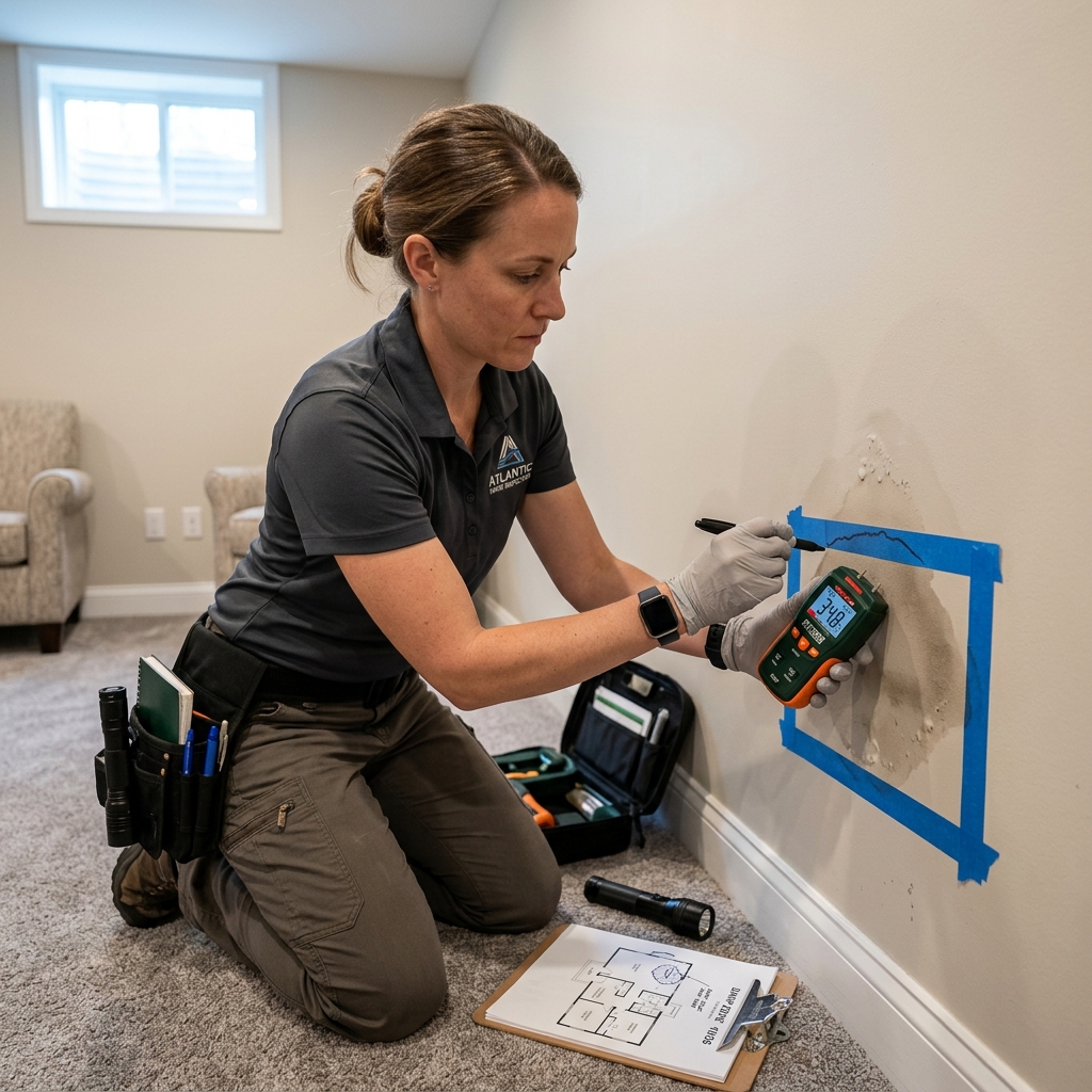 Moisture mapping in a finished basement to find a plumbing leak