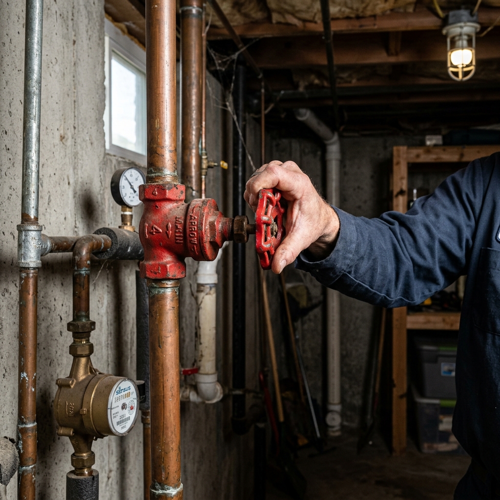 Homeowner shutting off the main water valve during an emergency