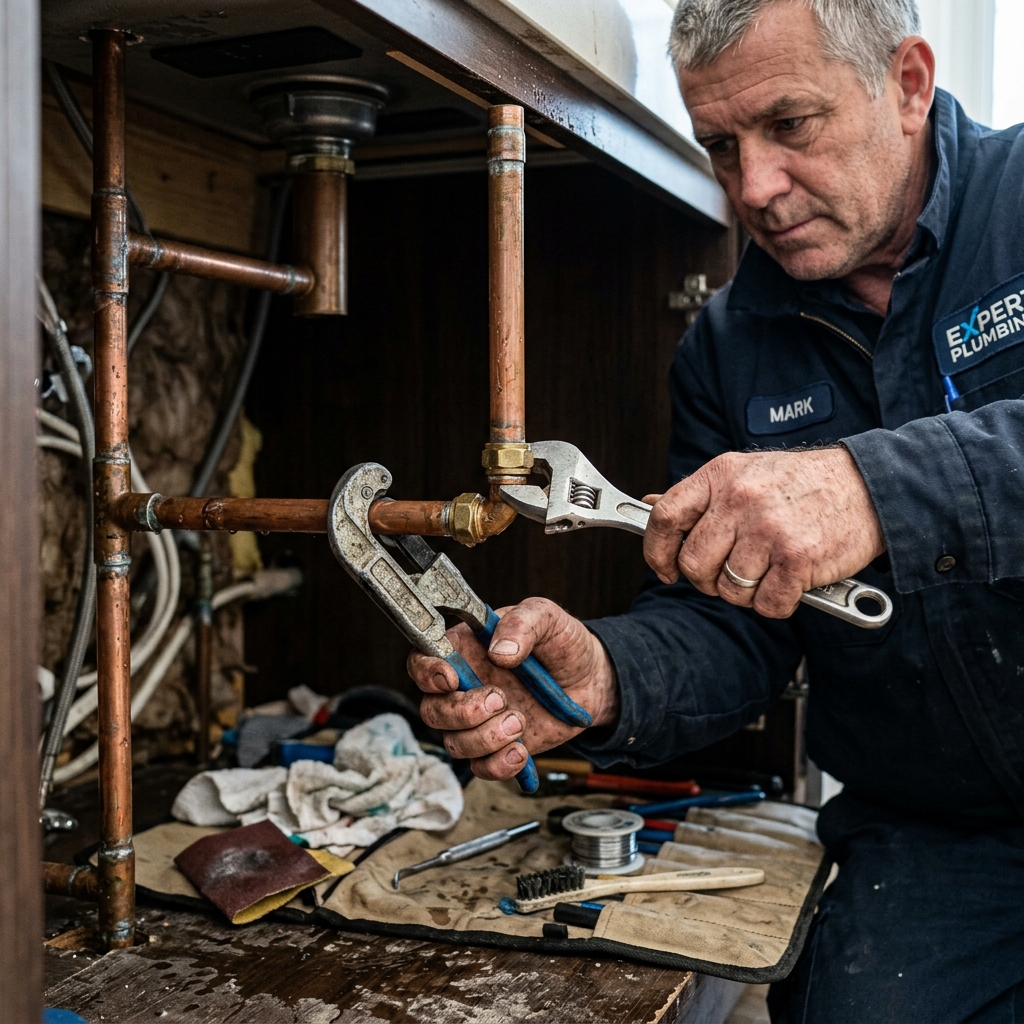 Plumber repairing a section of leaking copper pipe