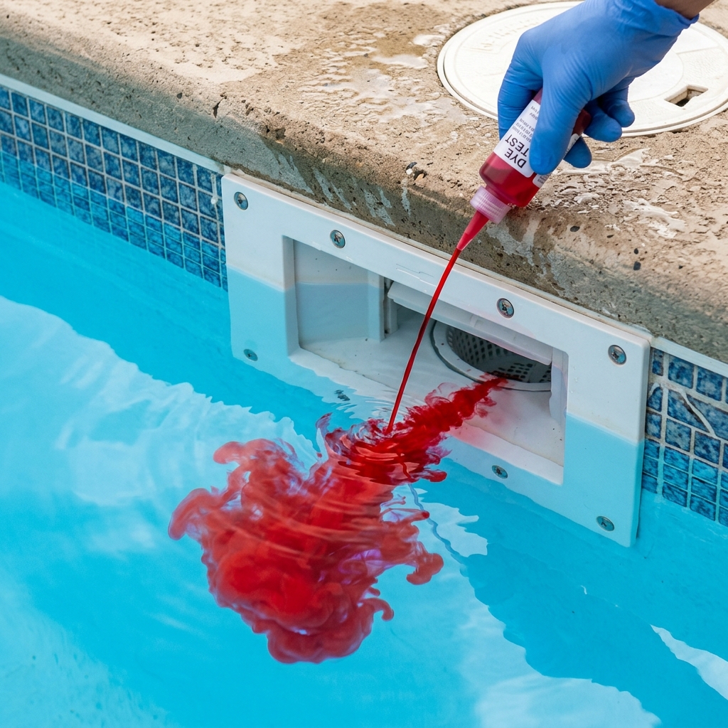 Dye testing a swimming pool skimmer to detect leaks
